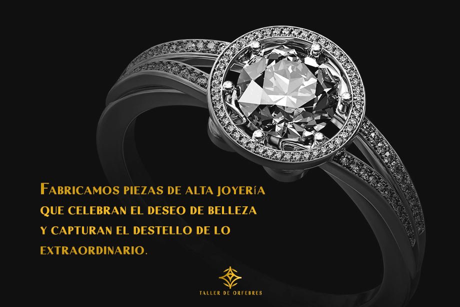 Anillo de diamantes de alta joyería - Taller de Orfebres. La pieza representa el lujo artesanal y la excelencia en diseño, destacando el compromiso con la belleza y lo extraordinario.