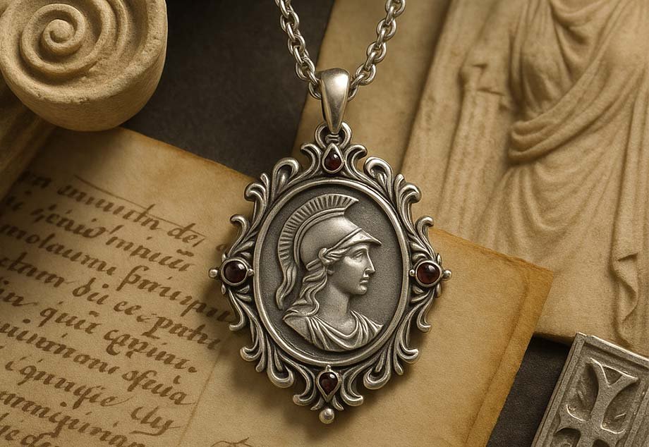 Collar de plata con medallón de Atenea, filigrana ornamental y gemas rojas, rodeado de fragmentos históricos y manuscritos antiguos, evocando la herencia de la orfebrería clásica europea.