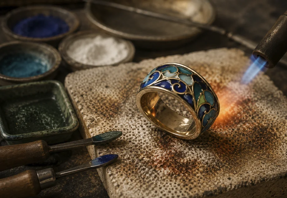 Anillo con esmalte al fuego sobre superficie refractaria en un taller de joyería artesanal