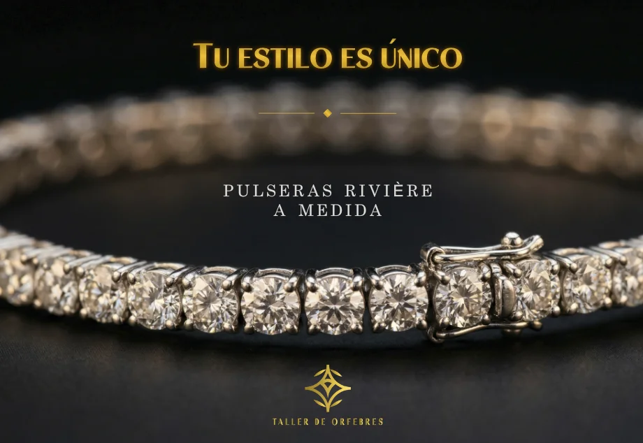 Pulsera rivière de diamantes personalizada con cierre de seguridad sobre fondo oscuro