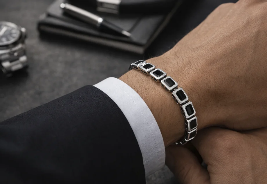 ulsera rivière para hombre con diamantes negros y diseño geométrico de inspiración contemporánea