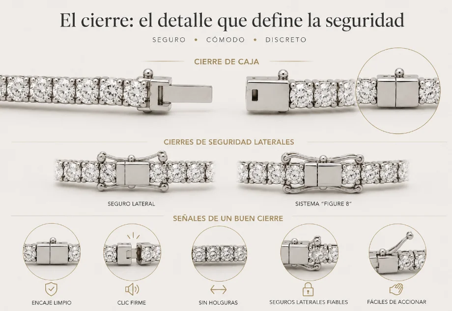 Cierre de caja con seguros laterales en una pulsera rivière de diamantes