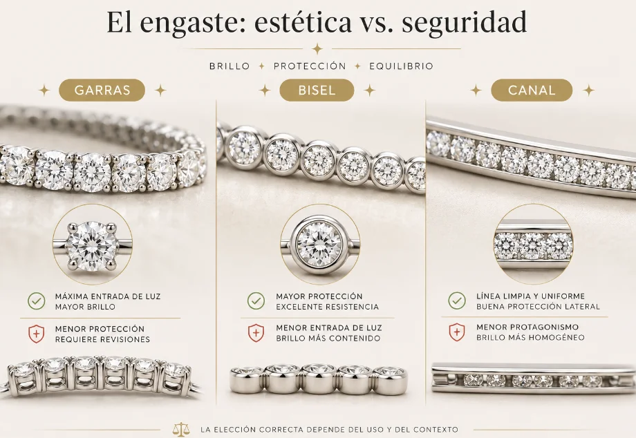 Comparación entre engaste de garras, bisel y canal en una pulsera rivière de diamantes