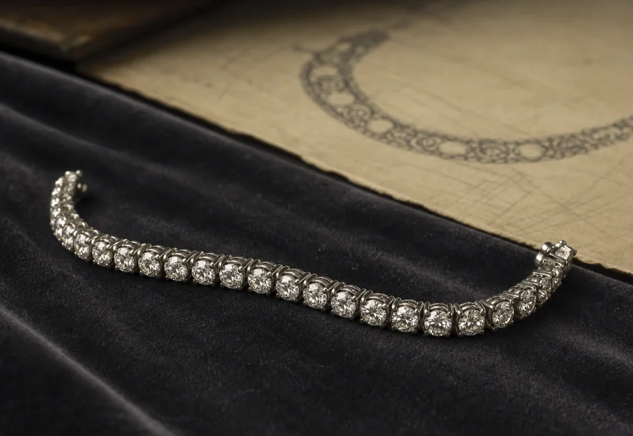 Pulsera rivière artesanal de diamantes sobre mesa de trabajo junto a un boceto de joyería