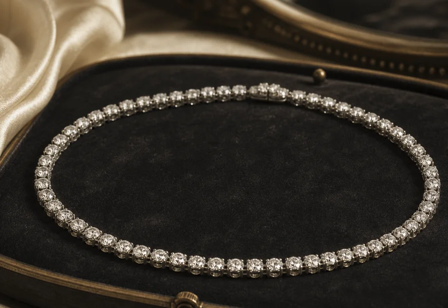 Collar rivière de diamantes con disposición continua de piedras preciosas sobre terciopelo oscuro