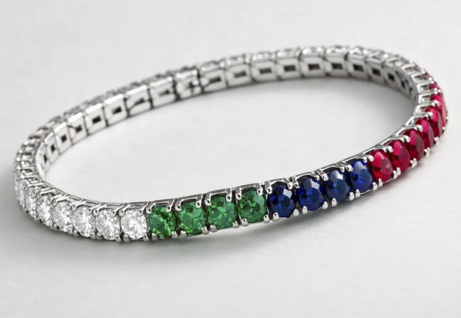 Pulsera rivière multicolor con diamantes, esmeraldas, zafiros y rubíes engastados en oro blanco