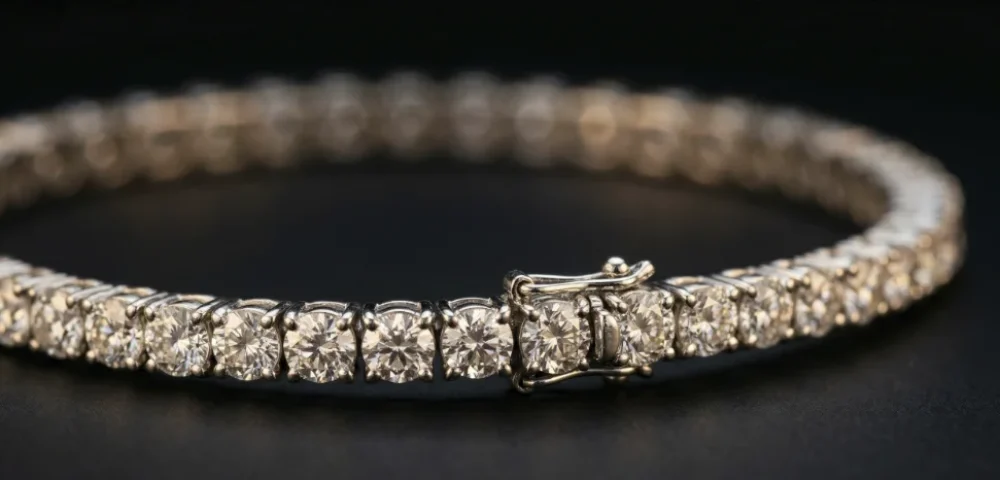 Pulsera rivière de diamantes con cierre de seguridad y engaste de garras sobre fondo oscuro
