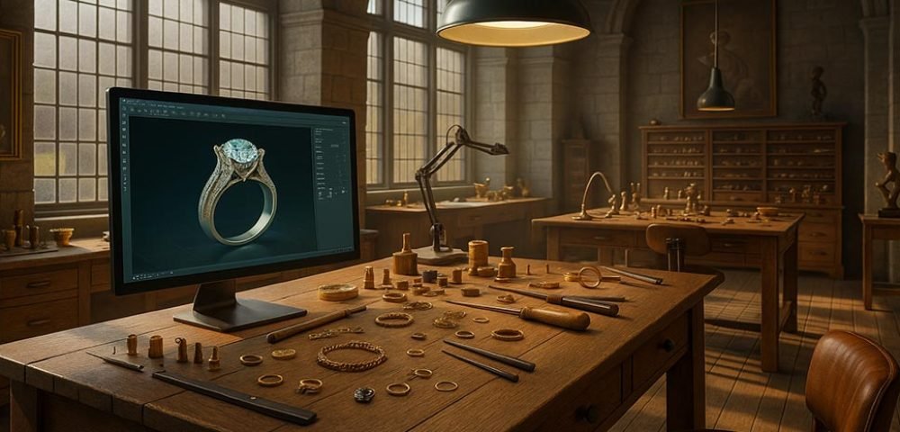 Espacio de orfebrería donde conviven herramientas artesanales, mobiliario renacentista y una pantalla de diseño CAD encendida. Una escena que simboliza la unión entre herencia artesanal y tecnología contemporánea.