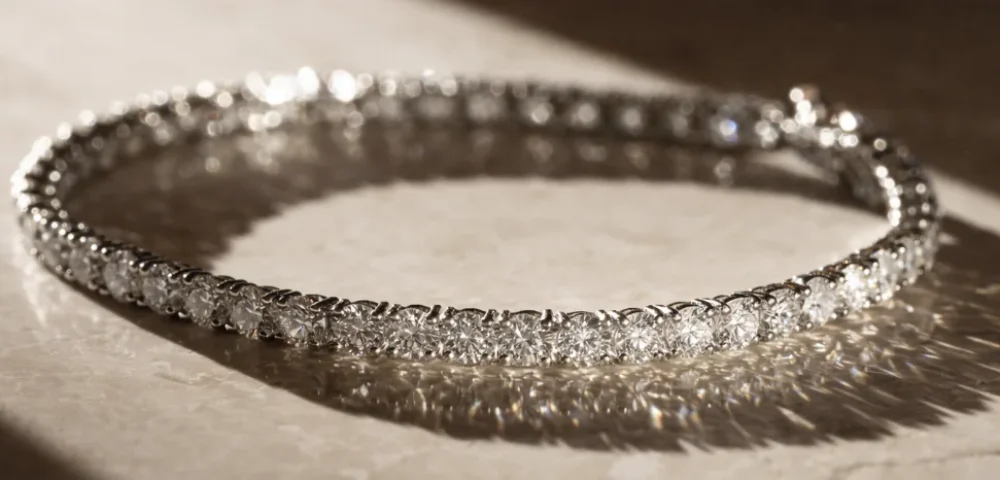Pulsera rivière de diamantes en oro blanco con engaste de garras y línea continua de piedras brillantes